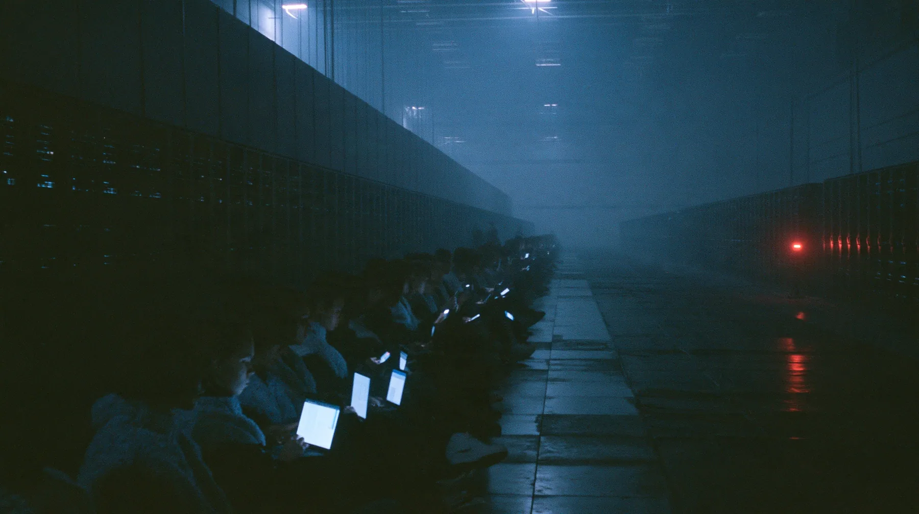 a fashion show front row inside a colossal server hall at night, rows of silhouetted guests in fleece vests holding up glowing laptops and phones, the catwalk empty and wet, fog and cold blue light, cinematic 35mm…
