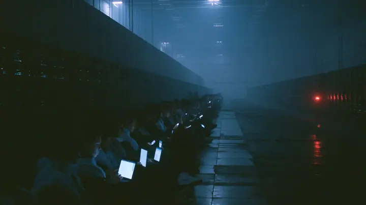a fashion show front row inside a colossal server hall at night, rows of silhouetted guests in fleece vests holding up glowing laptops and phones, the catwalk empty and wet, fog and cold blue light, cinematic 35mm…