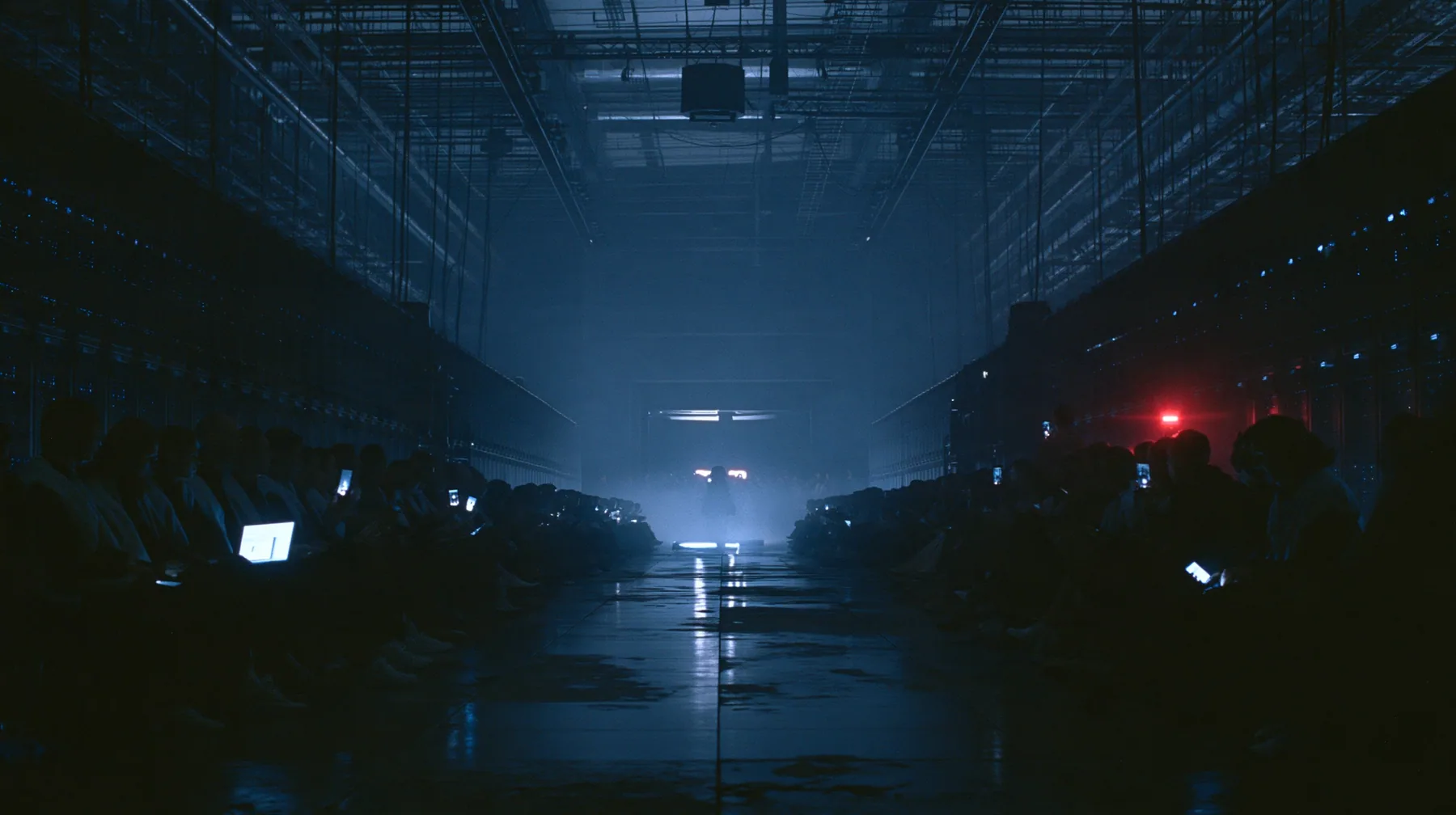 a fashion show front row inside a colossal server hall at night, rows of silhouetted guests in fleece vests holding up glowing laptops and phones, the catwalk empty and wet, fog and cold blue light, cinematic 35mm…