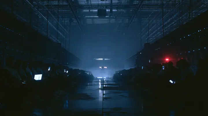 a fashion show front row inside a colossal server hall at night, rows of silhouetted guests in fleece vests holding up glowing laptops and phones, the catwalk empty and wet, fog and cold blue light, cinematic 35mm…