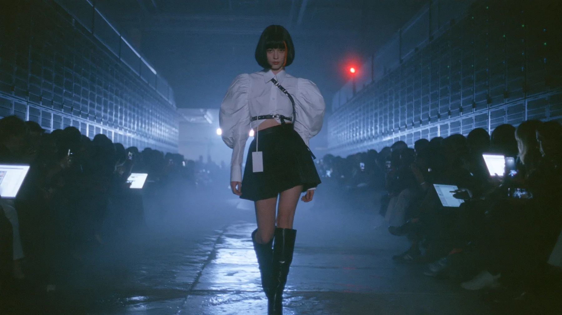 medium shot of a young woman with a glossy black blunt bob with heavy bangs and one clay-orange streak, a white cropped puff-sleeve shirt, a black pleated skirt with a harness belt and a hanging white garment tag,…