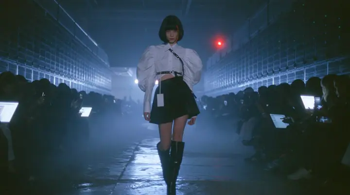 medium shot of a young woman with a glossy black blunt bob with heavy bangs and one clay-orange streak, a white cropped puff-sleeve shirt, a black pleated skirt with a harness belt and a hanging white garment tag,…