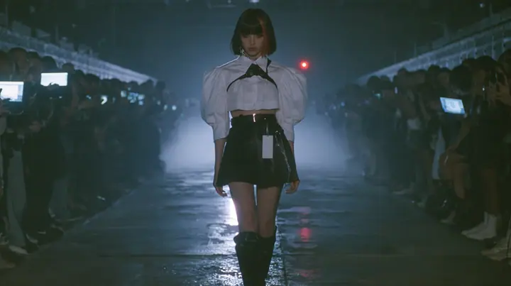 medium shot of a young woman with a glossy black blunt bob with heavy bangs and one clay-orange streak, a white cropped puff-sleeve shirt, a black pleated skirt with a harness belt and a hanging white garment tag,…