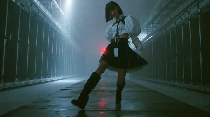full-length shot of a young woman with a glossy black blunt bob with heavy bangs and one clay-orange streak, a white cropped puff-sleeve shirt, a black pleated skirt with a harness belt and a hanging white garment…