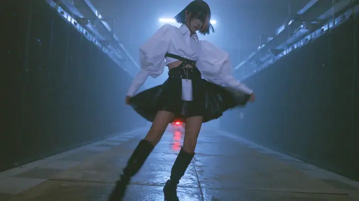 full-length shot of a young woman with a glossy black blunt bob with heavy bangs and one clay-orange streak, a white cropped puff-sleeve shirt, a black pleated skirt with a harness belt and a hanging white garment…