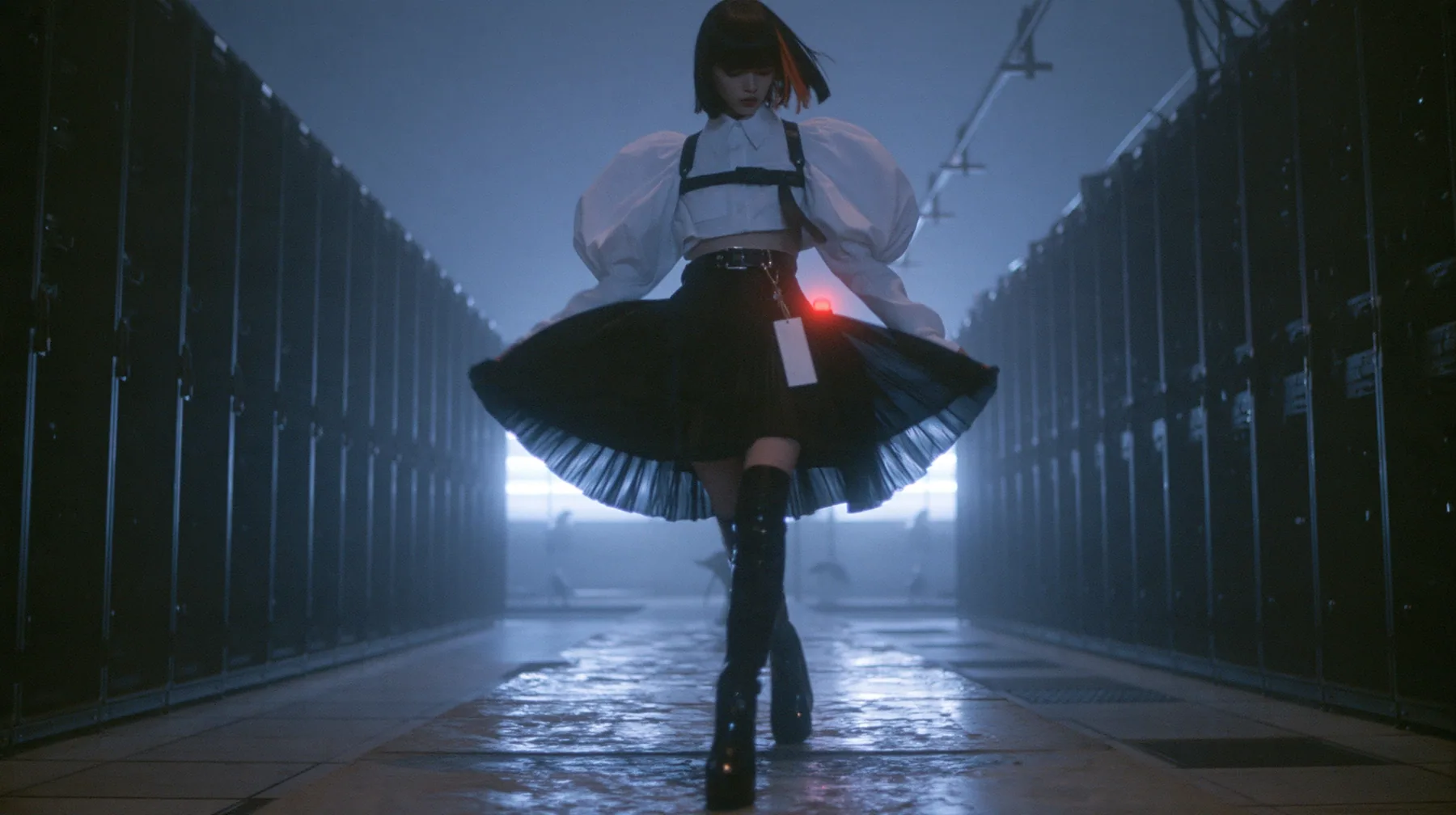full-length shot of a young woman with a glossy black blunt bob with heavy bangs and one clay-orange streak, a white cropped puff-sleeve shirt, a black pleated skirt with a harness belt and a hanging white garment…