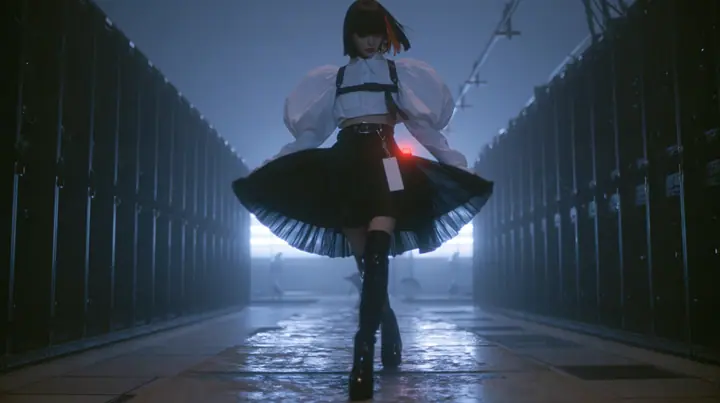 full-length shot of a young woman with a glossy black blunt bob with heavy bangs and one clay-orange streak, a white cropped puff-sleeve shirt, a black pleated skirt with a harness belt and a hanging white garment…