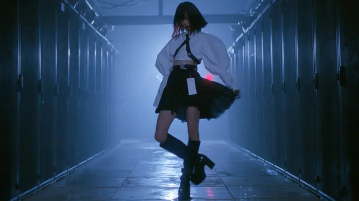 full-length shot of a young woman with a glossy black blunt bob with heavy bangs and one clay-orange streak, a white cropped puff-sleeve shirt, a black pleated skirt with a harness belt and a hanging white garment…