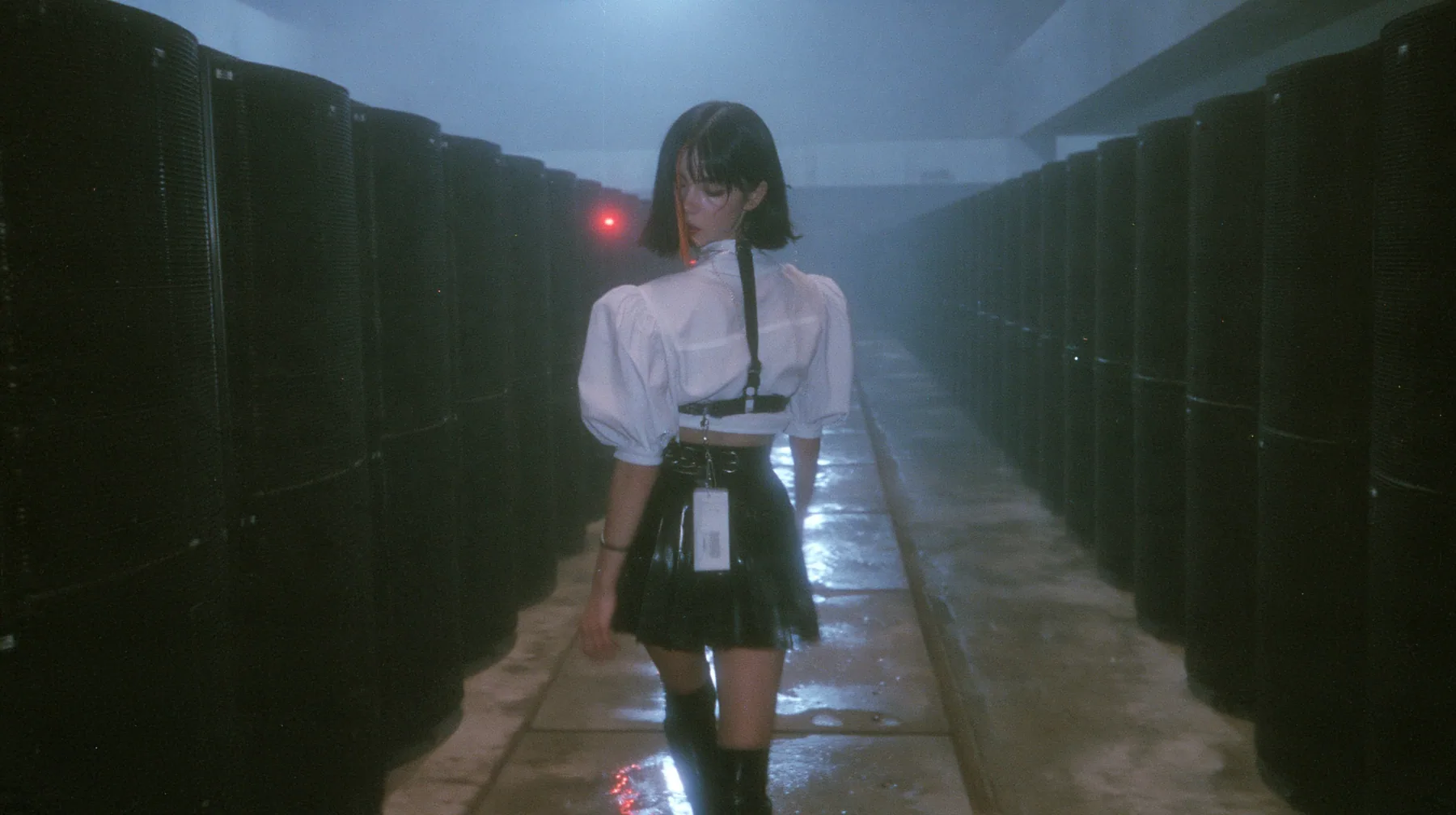 extreme wide shot of a vast brutalist data hall at night, endless rows of dark server towers receding into fog, a narrow wet concrete catwalk down the middle, a young woman with a glossy black blunt bob with heavy…