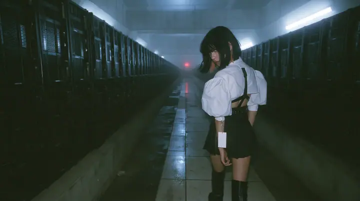 extreme wide shot of a vast brutalist data hall at night, endless rows of dark server towers receding into fog, a narrow wet concrete catwalk down the middle, a young woman with a glossy black blunt bob with heavy…
