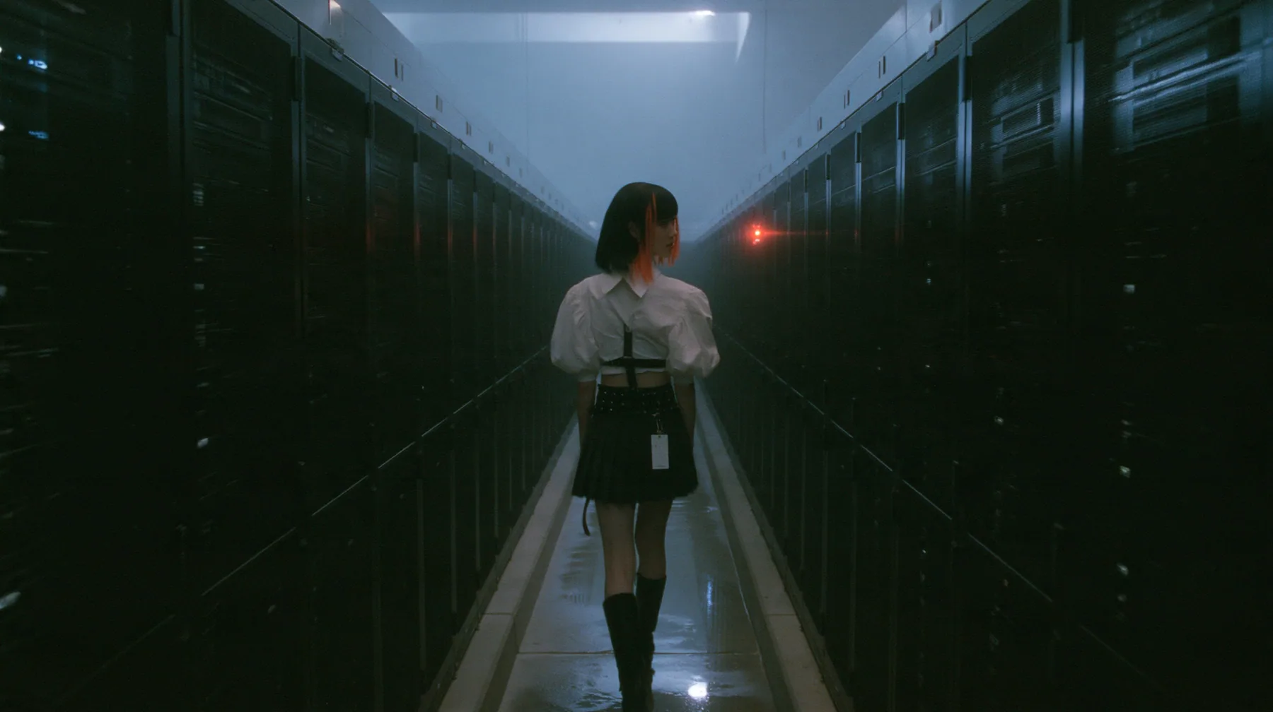 extreme wide shot of a vast brutalist data hall at night, endless rows of dark server towers receding into fog, a narrow wet concrete catwalk down the middle, a young woman with a glossy black blunt bob with heavy…
