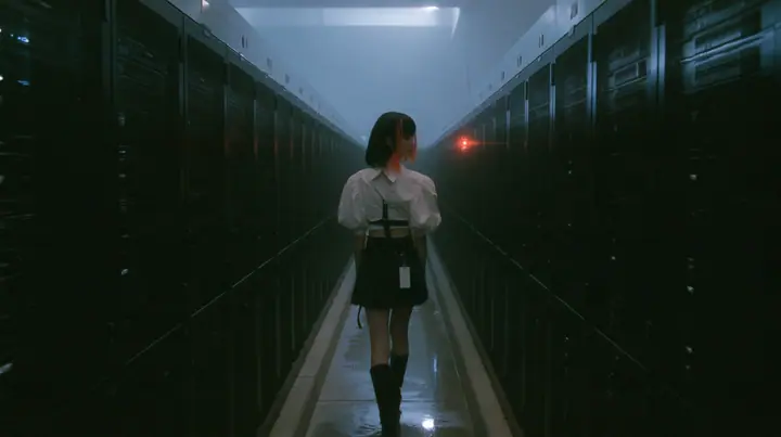 extreme wide shot of a vast brutalist data hall at night, endless rows of dark server towers receding into fog, a narrow wet concrete catwalk down the middle, a young woman with a glossy black blunt bob with heavy…