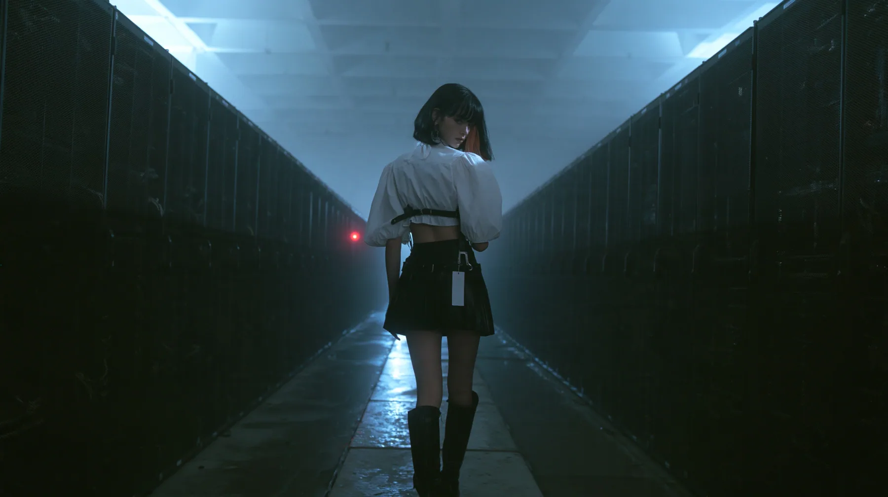 extreme wide shot of a vast brutalist data hall at night, endless rows of dark server towers receding into fog, a narrow wet concrete catwalk down the middle, a young woman with a glossy black blunt bob with heavy…
