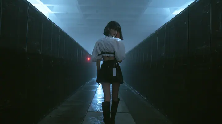 extreme wide shot of a vast brutalist data hall at night, endless rows of dark server towers receding into fog, a narrow wet concrete catwalk down the middle, a young woman with a glossy black blunt bob with heavy…