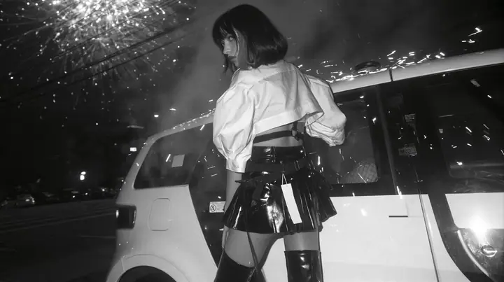 a driverless white robotaxi stopped in a Mission District street at night while fireworks burst low overhead and sparks rain onto its roof, smoke, a young woman with a glossy black blunt bob with heavy bangs and one…