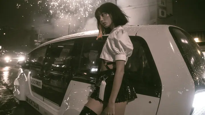 a driverless white robotaxi stopped in a Mission District street at night while fireworks burst low overhead and sparks rain onto its roof, smoke, a young woman with a glossy black blunt bob with heavy bangs and one…