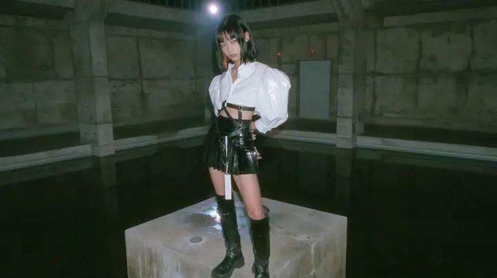 a young woman with a glossy black blunt bob with heavy bangs and one clay-orange streak, a white cropped puff-sleeve shirt, a black pleated skirt with a harness belt and a hanging white garment tag, black knee-high…
