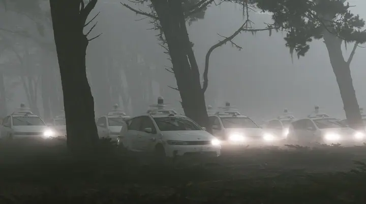 a dozen white driverless robotaxis stranded among cypress trees in the Presidio in thick fog at dawn, their roof sensors still spinning, headlights on, no people, monochrome, fine grain, no text, no letters, no logos