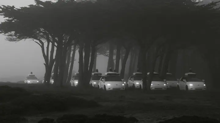 a dozen white driverless robotaxis stranded among cypress trees in the Presidio in thick fog at dawn, their roof sensors still spinning, headlights on, no people, monochrome, fine grain, no text, no letters, no logos