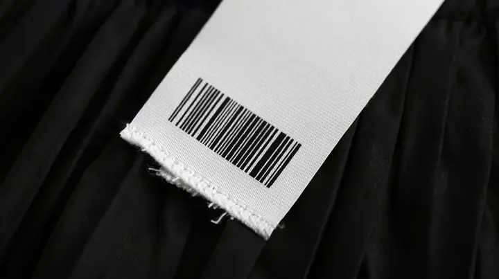 extreme macro photograph of a blank white woven garment tag with a barcode area and a stitched hem hanging from a black pleated coated-nylon skirt, shallow focus, monochrome, the tag face empty for printing, no text,…