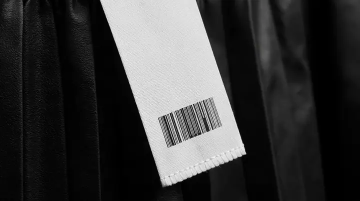 extreme macro photograph of a blank white woven garment tag with a barcode area and a stitched hem hanging from a black pleated coated-nylon skirt, shallow focus, monochrome, the tag face empty for printing, no text,…