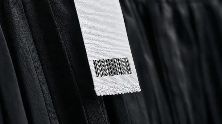 extreme macro photograph of a blank white woven garment tag with a barcode area and a stitched hem hanging from a black pleated coated-nylon skirt, shallow focus, monochrome, the tag face empty for printing, no text,…