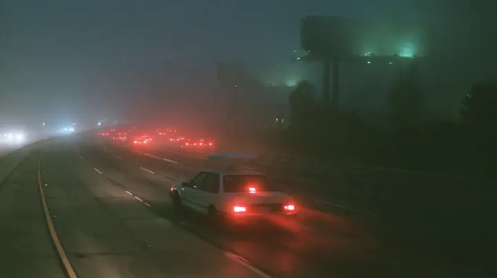 a white driverless robotaxi with a spinning roof sensor driving on the 101 freeway at night in thick fog, huge blank billboards on steel poles fading into the mist above, streams of red tail lights, cinematic 35mm…