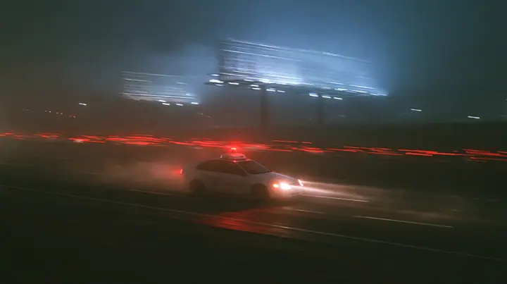 a white driverless robotaxi with a spinning roof sensor driving on the 101 freeway at night in thick fog, huge blank billboards on steel poles fading into the mist above, streams of red tail lights, cinematic 35mm…