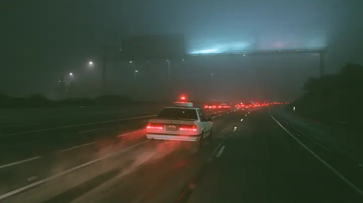 a white driverless robotaxi with a spinning roof sensor driving on the 101 freeway at night in thick fog, huge blank billboards on steel poles fading into the mist above, streams of red tail lights, cinematic 35mm…