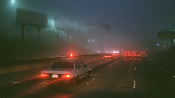 a white driverless robotaxi with a spinning roof sensor driving on the 101 freeway at night in thick fog, huge blank billboards on steel poles fading into the mist above, streams of red tail lights, cinematic 35mm…