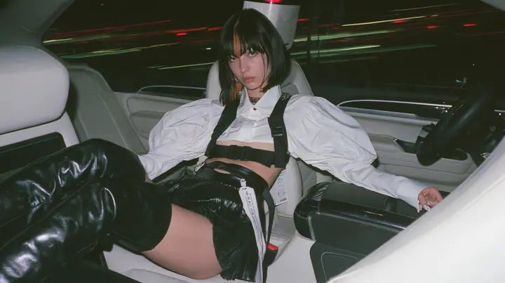 a young woman with a glossy black blunt bob with heavy bangs and one clay-orange streak, a white cropped puff-sleeve shirt, a black pleated skirt with a harness belt and a hanging white garment tag, black knee-high…