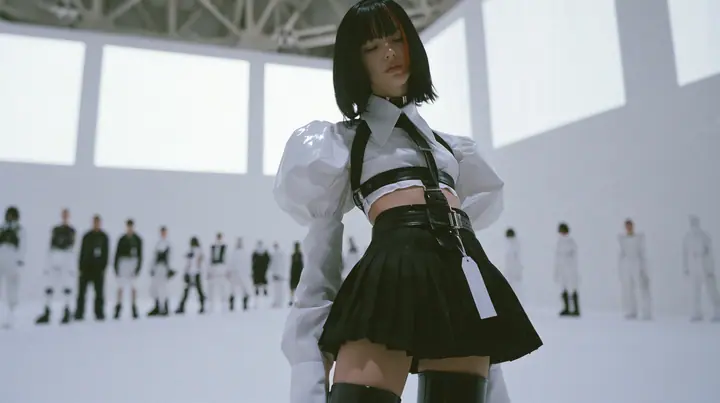a young woman with a glossy black blunt bob with heavy bangs and one clay-orange streak, a white cropped puff-sleeve shirt, a black pleated skirt with a harness belt and a hanging white garment tag, black knee-high…