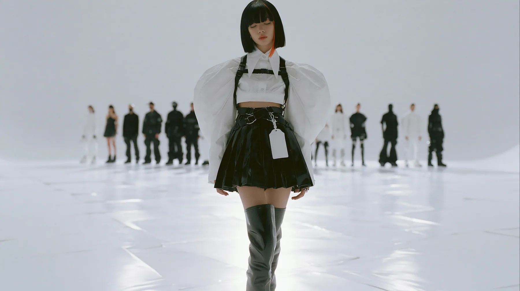 a young woman with a glossy black blunt bob with heavy bangs and one clay-orange streak, a white cropped puff-sleeve shirt, a black pleated skirt with a harness belt and a hanging white garment tag, black knee-high…