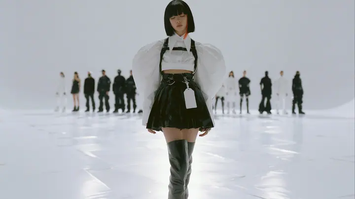 a young woman with a glossy black blunt bob with heavy bangs and one clay-orange streak, a white cropped puff-sleeve shirt, a black pleated skirt with a harness belt and a hanging white garment tag, black knee-high…