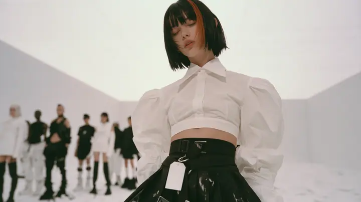 a young woman with a glossy black blunt bob with heavy bangs and one clay-orange streak, a white cropped puff-sleeve shirt, a black pleated skirt with a harness belt and a hanging white garment tag, black knee-high…