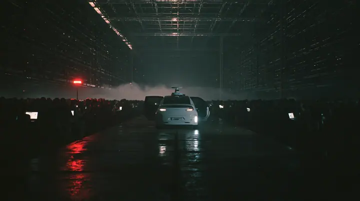 a white driverless robotaxi with a spinning roof sensor stopped at the far end of a long wet concrete catwalk inside a colossal dark server hall, its rear door swinging open, a silhouetted crowd holding glowing…