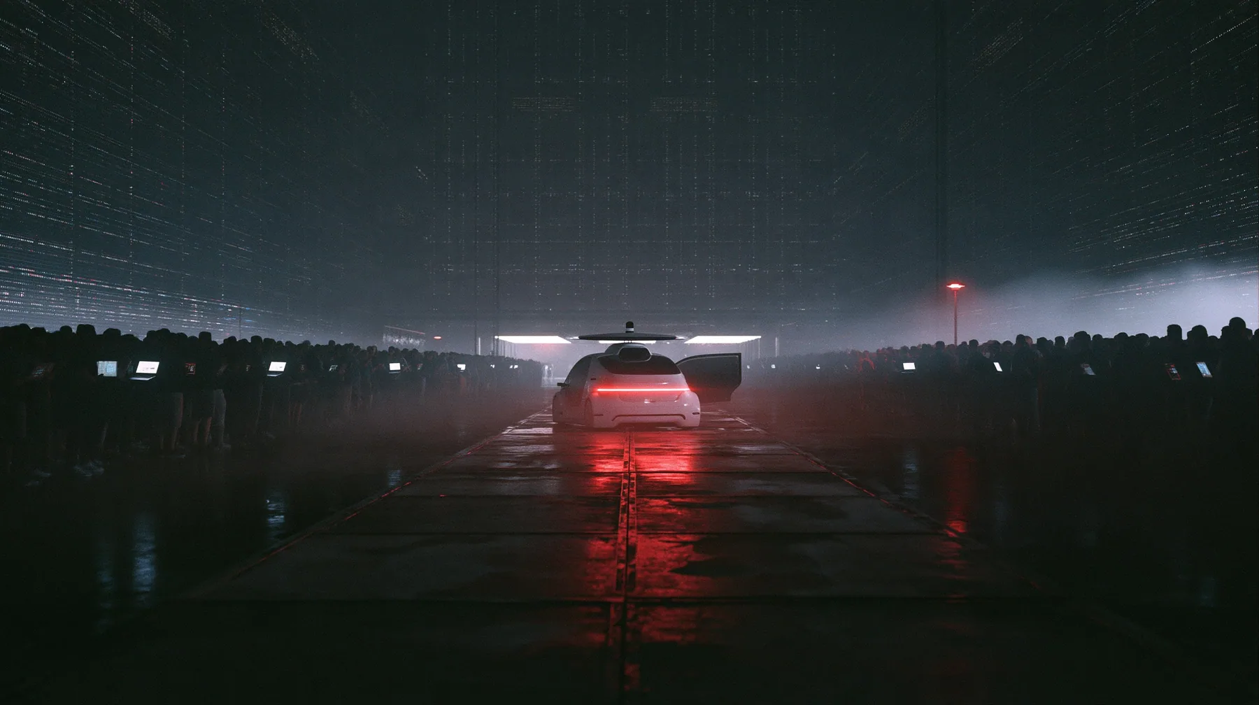 a white driverless robotaxi with a spinning roof sensor stopped at the far end of a long wet concrete catwalk inside a colossal dark server hall, its rear door swinging open, a silhouetted crowd holding glowing…