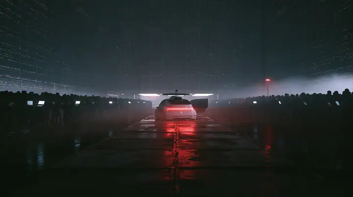 a white driverless robotaxi with a spinning roof sensor stopped at the far end of a long wet concrete catwalk inside a colossal dark server hall, its rear door swinging open, a silhouetted crowd holding glowing…