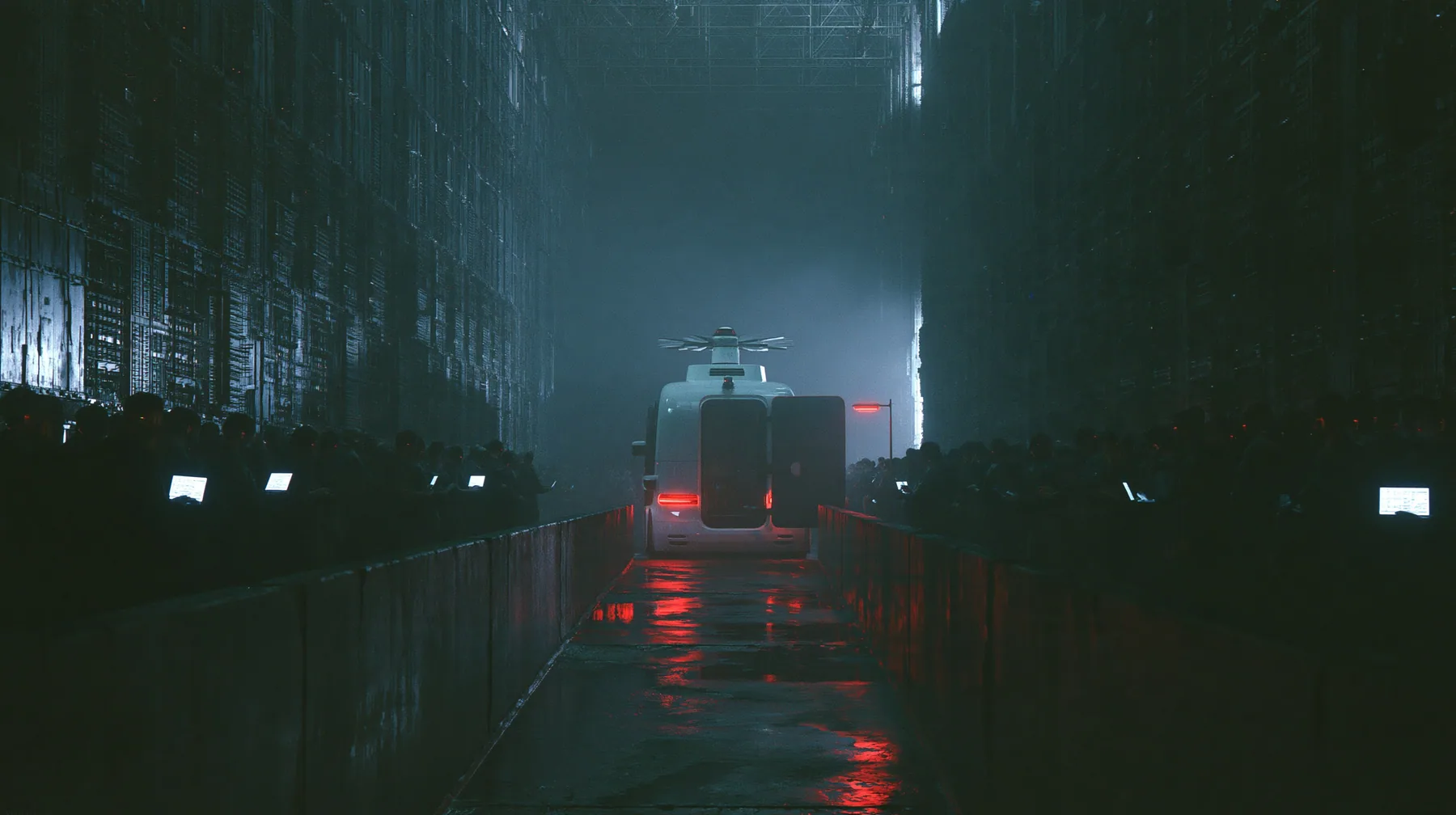 a white driverless robotaxi with a spinning roof sensor stopped at the far end of a long wet concrete catwalk inside a colossal dark server hall, its rear door swinging open, a silhouetted crowd holding glowing…