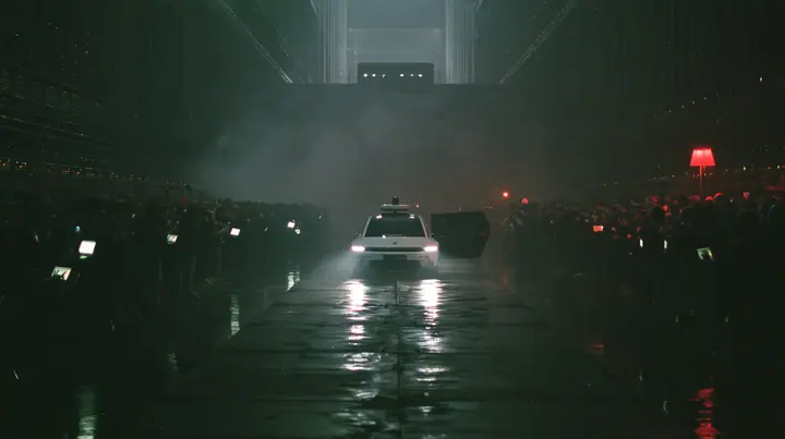 a white driverless robotaxi with a spinning roof sensor stopped at the far end of a long wet concrete catwalk inside a colossal dark server hall, its rear door swinging open, a silhouetted crowd holding glowing…