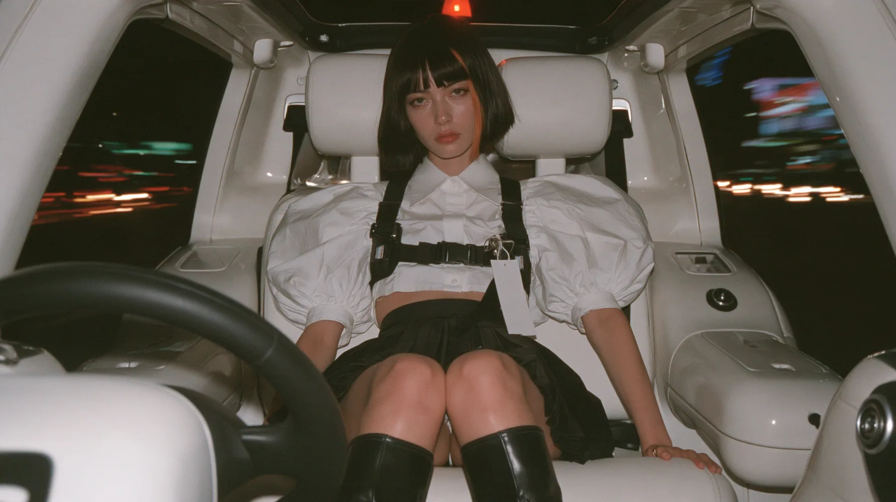 a young woman with a glossy black blunt bob with heavy bangs and one clay-orange streak, a white cropped puff-sleeve shirt, a black pleated skirt with a harness belt and a hanging white garment tag, black knee boots,…
