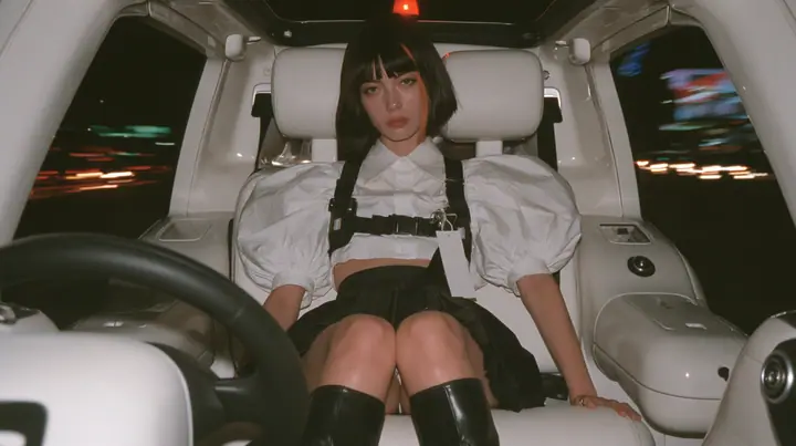 a young woman with a glossy black blunt bob with heavy bangs and one clay-orange streak, a white cropped puff-sleeve shirt, a black pleated skirt with a harness belt and a hanging white garment tag, black knee boots,…