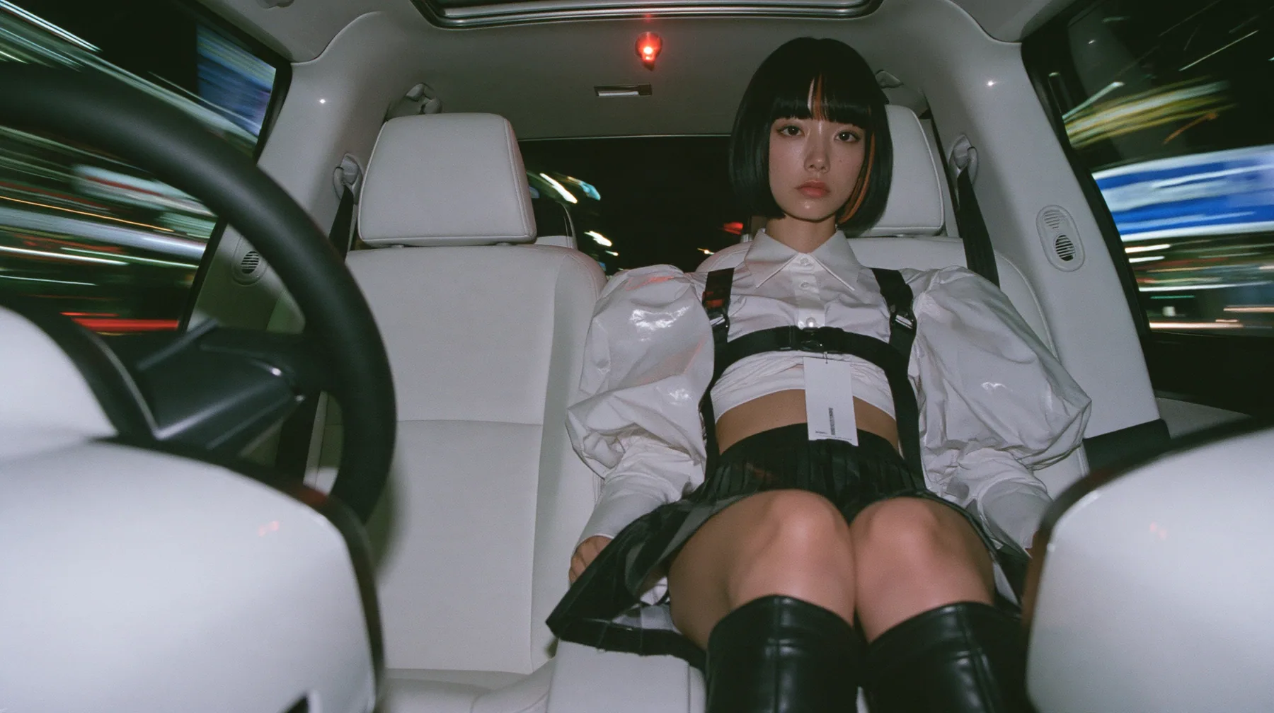 a young woman with a glossy black blunt bob with heavy bangs and one clay-orange streak, a white cropped puff-sleeve shirt, a black pleated skirt with a harness belt and a hanging white garment tag, black knee boots,…