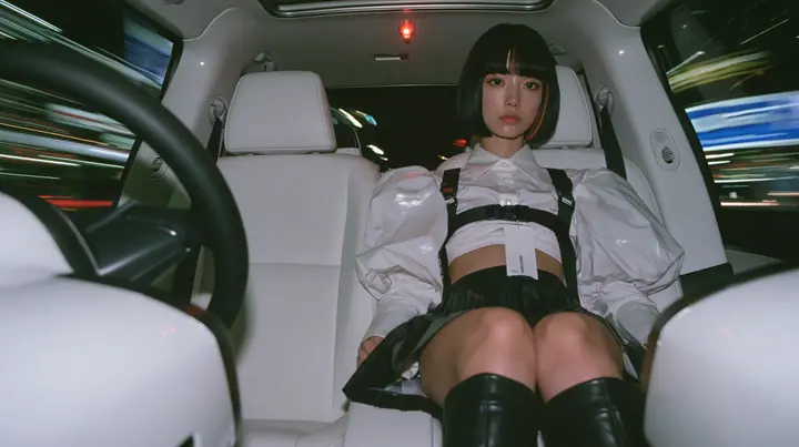 a young woman with a glossy black blunt bob with heavy bangs and one clay-orange streak, a white cropped puff-sleeve shirt, a black pleated skirt with a harness belt and a hanging white garment tag, black knee boots,…