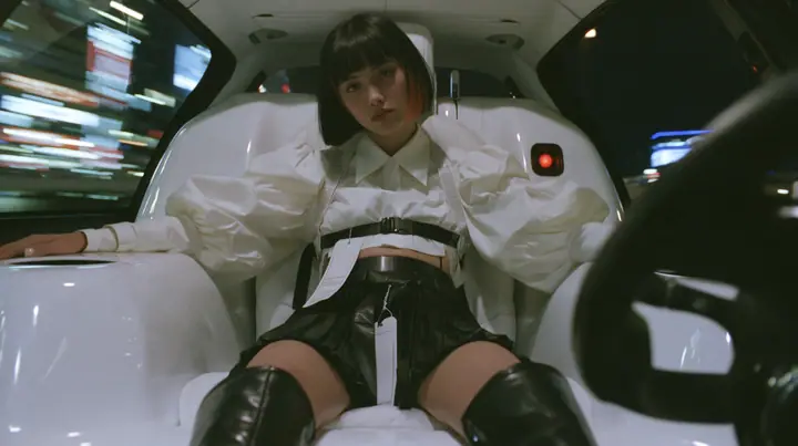 a young woman with a glossy black blunt bob with heavy bangs and one clay-orange streak, a white cropped puff-sleeve shirt, a black pleated skirt with a harness belt and a hanging white garment tag, black knee boots,…