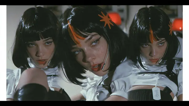 close-up portrait of a young woman with a glossy black blunt bob with heavy bangs and one clay-orange streak through the bangs, a clay-orange eight-pointed spark hair clip, a thin headset microphone, a white cropped…
