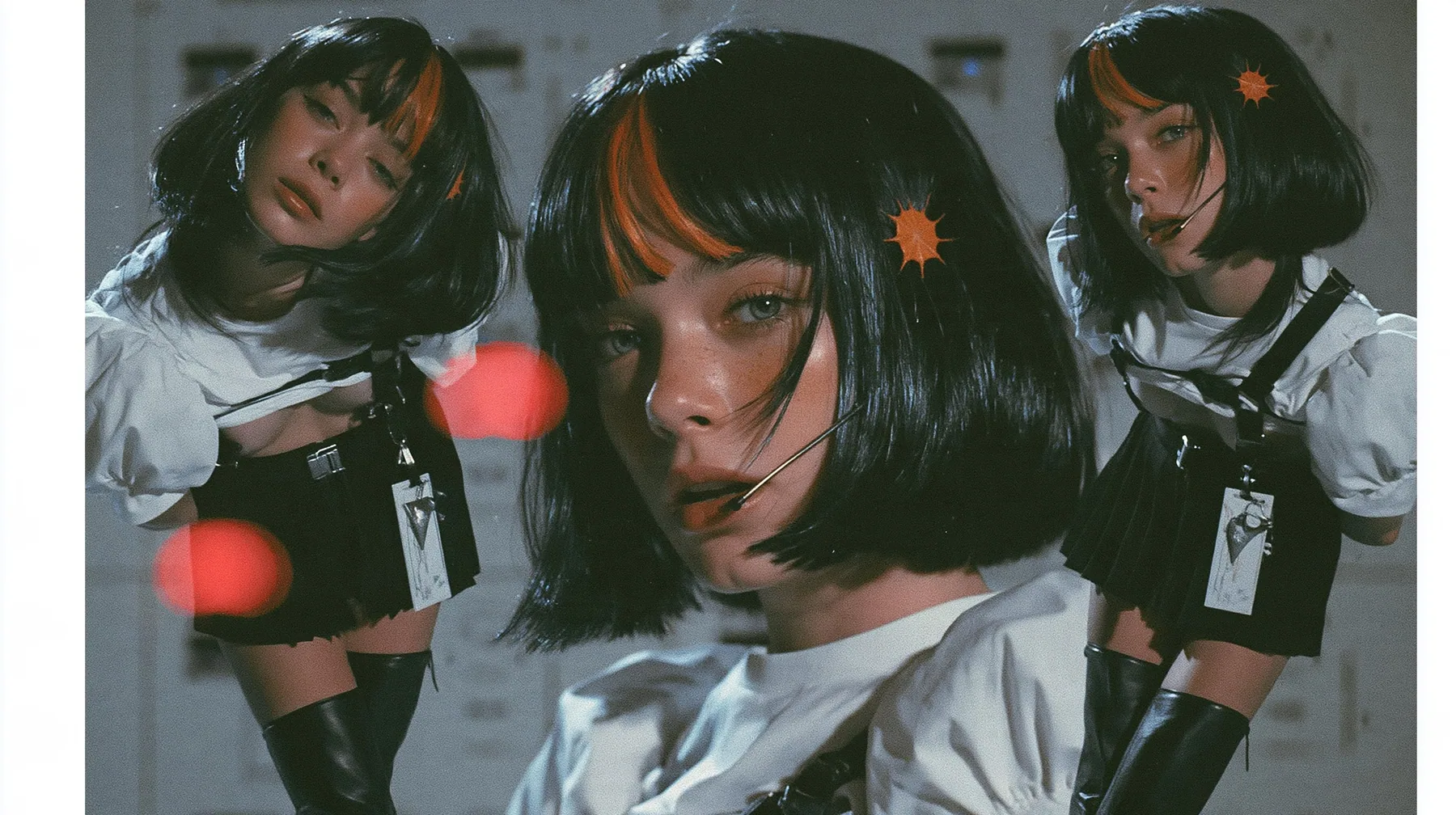 close-up portrait of a young woman with a glossy black blunt bob with heavy bangs and one clay-orange streak through the bangs, a clay-orange eight-pointed spark hair clip, a thin headset microphone, a white cropped…