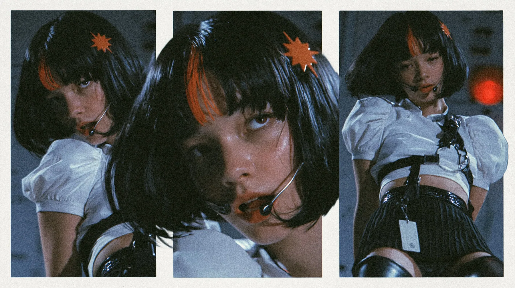 close-up portrait of a young woman with a glossy black blunt bob with heavy bangs and one clay-orange streak through the bangs, a clay-orange eight-pointed spark hair clip, a thin headset microphone, a white cropped…
