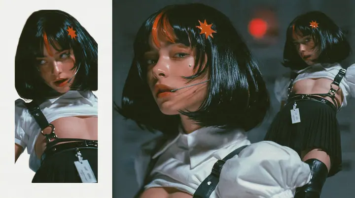 close-up portrait of a young woman with a glossy black blunt bob with heavy bangs and one clay-orange streak through the bangs, a clay-orange eight-pointed spark hair clip, a thin headset microphone, a white cropped…