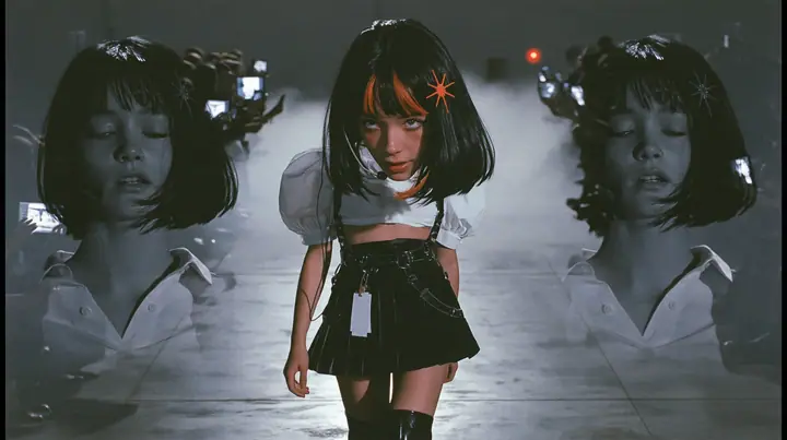 medium shot of a young woman with a glossy black blunt bob with heavy bangs and one clay-orange streak through the bangs, a clay-orange eight-pointed spark hair clip, a thin headset microphone, a white cropped…